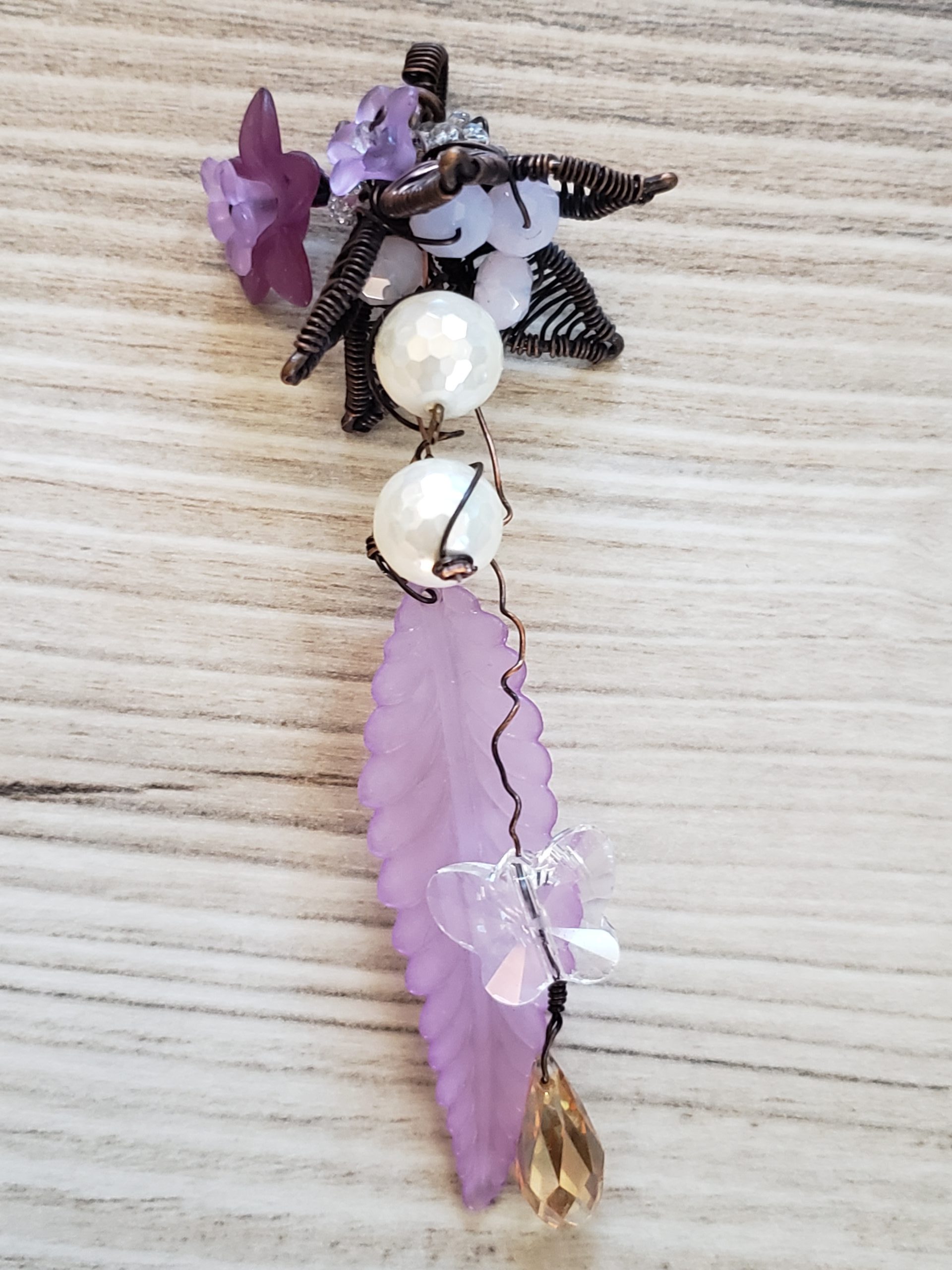 Wire wrapped Copper Flower with crystals, lucite flowers pendant - Image 4