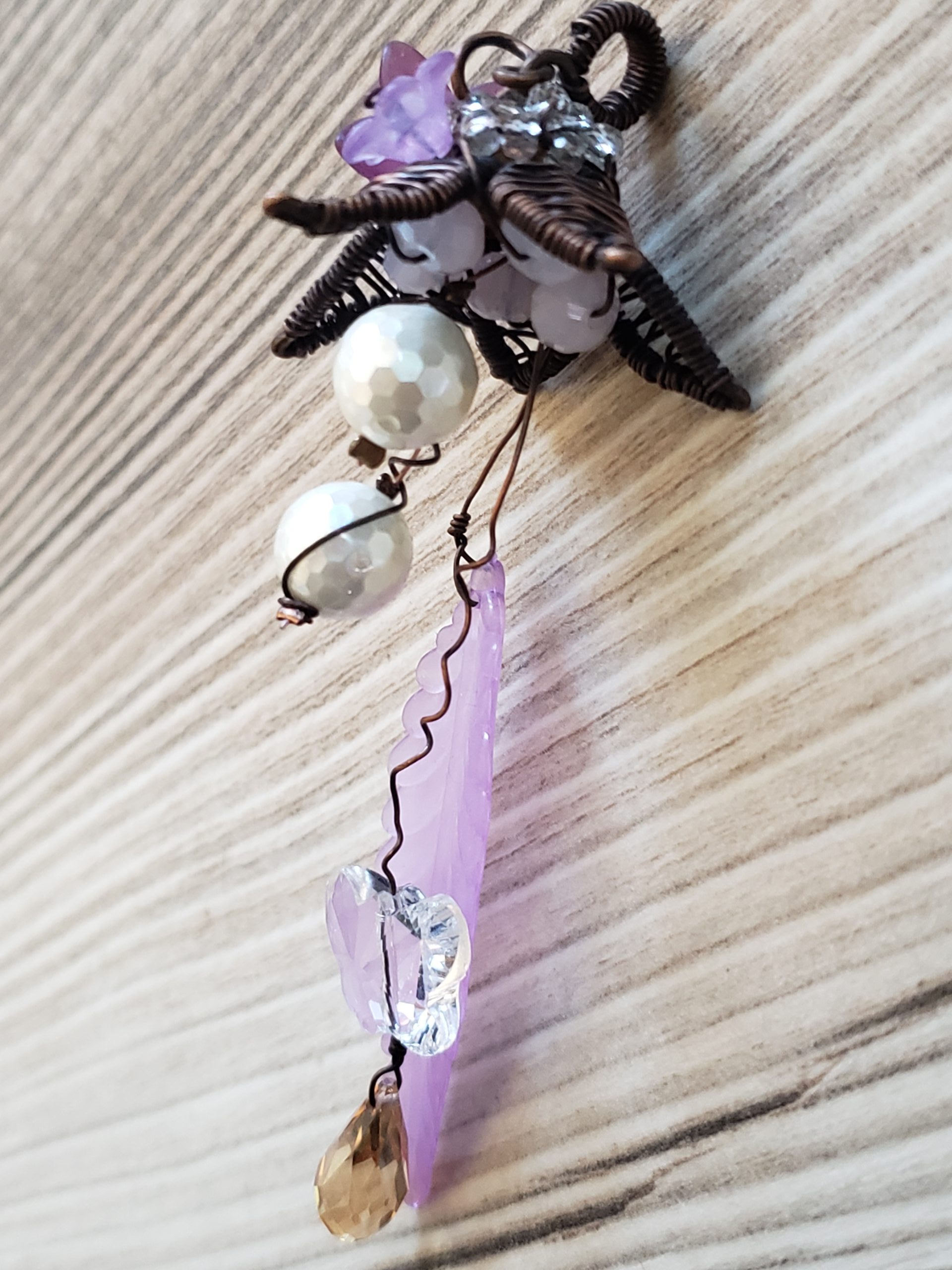Wire wrapped Copper Flower with crystals, lucite flowers pendant