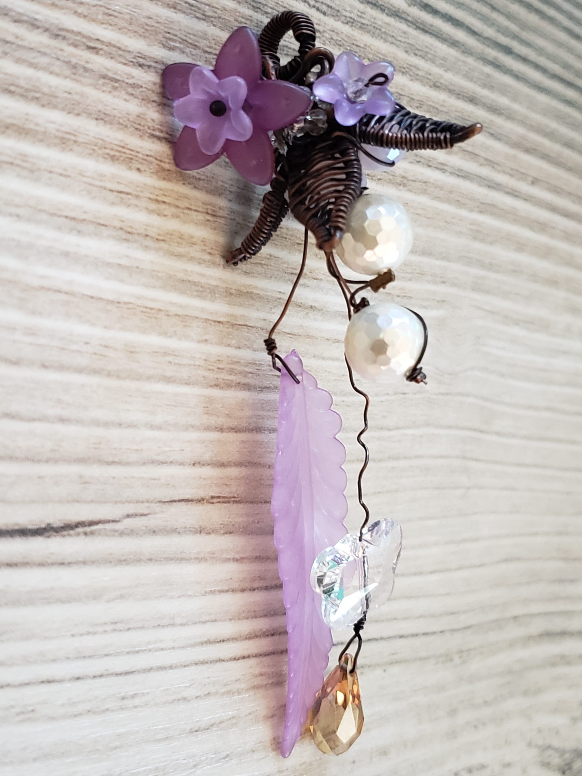 Wire wrapped Copper Flower with crystals, lucite flowers pendant - Image 3