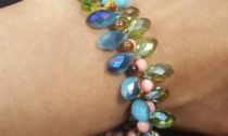Blue Green Sinox Crystal Pink Faceted Coral and Tiger Eyes Beads Bracelet