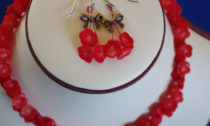 Carved Coral Red Flower Necklace Earring Set
